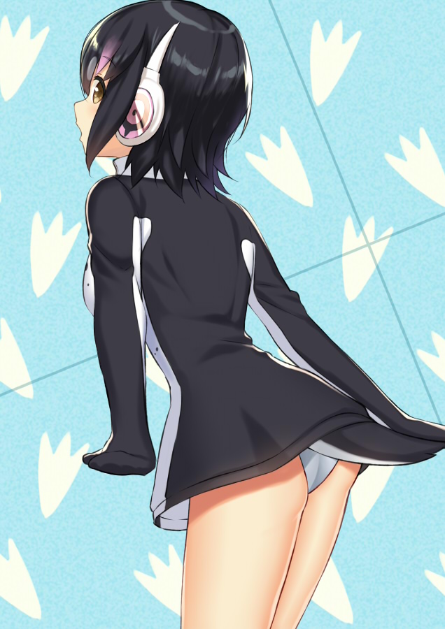 1girl ass black_hair blush brown_eyes cccpo commentary_request from_behind headphones hood humboldt_penguin_(kemono_friends) jacket kemono_friends leotard looking_at_viewer looking_back multicolored_hair open_mouth penguins_performance_project_(kemono_friends) pink_hair short_hair solo white_leotard