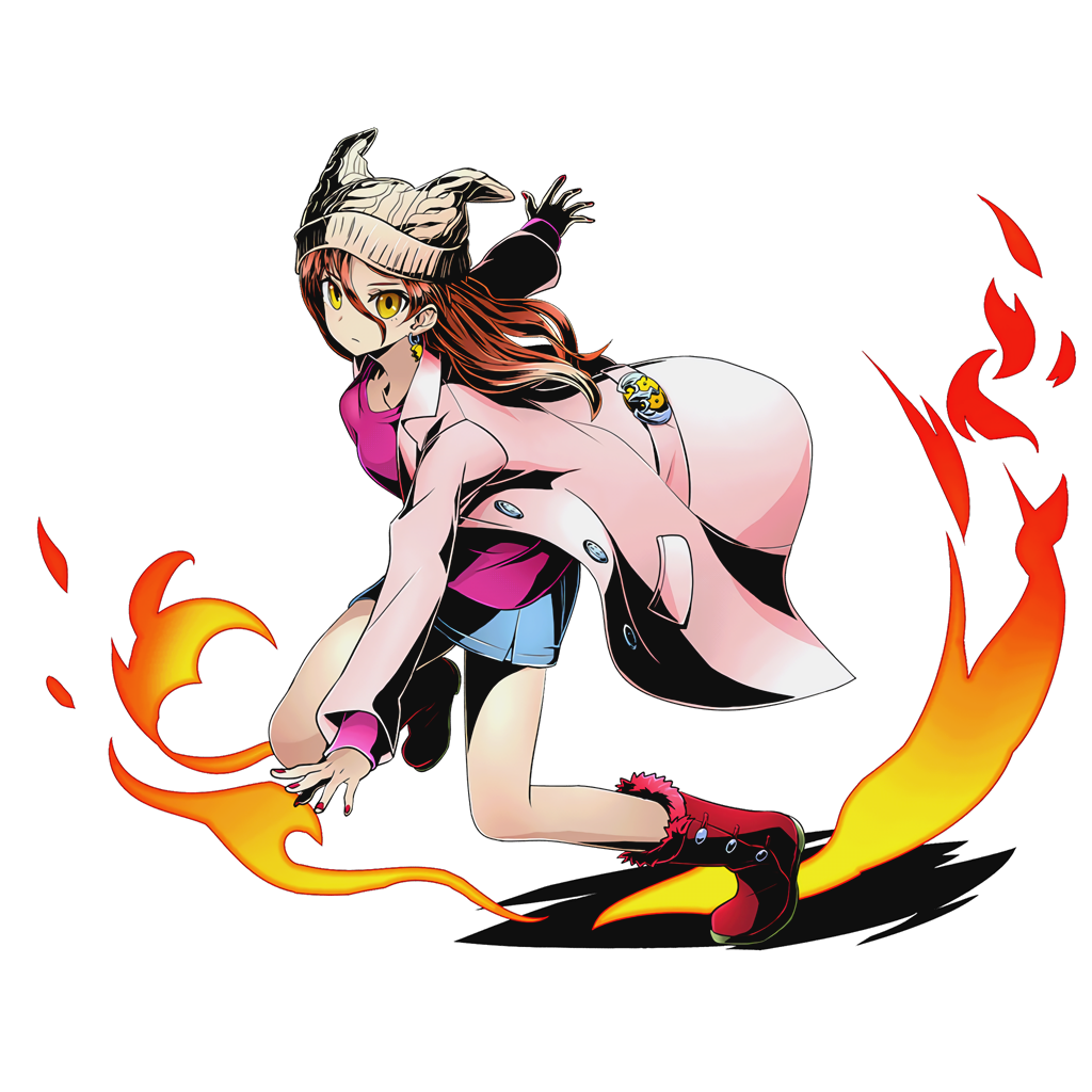 1girl animal_ears blue_skirt boots breasts brown_hair cloak collarbone divine_gate earrings fire full_body hair_between_eyes hood jewelry long_hair medium_breasts nail_polish official_art pink_shirt pleated_skirt red_boots red_nails shadow shirt skirt solo transparent_background ucmm yellow_eyes