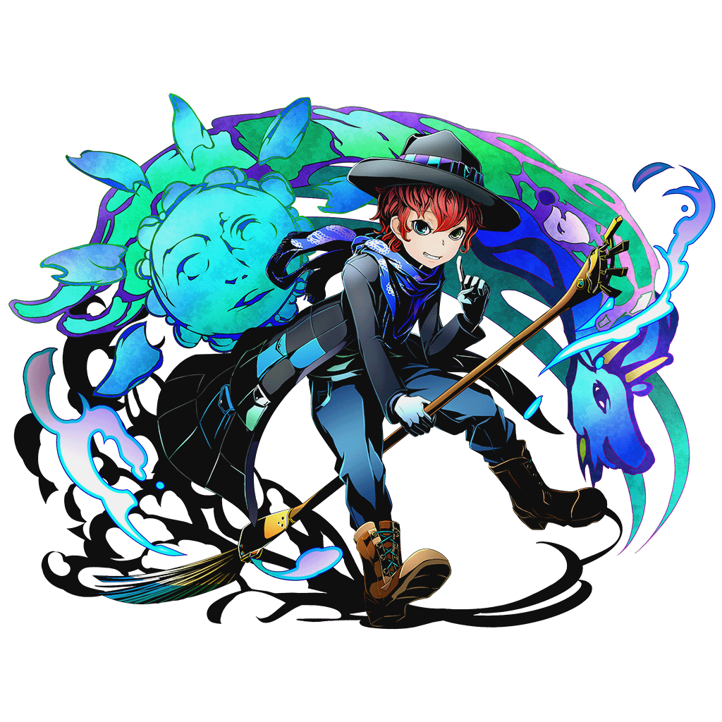 1boy blue_eyes blue_scarf boots coat cross-laced_footwear divine_gate dragon gloves green_eyes grin hat hat_over_one_eye heterochromia index_finger_raised lace-up_boots looking_at_viewer male_focus marc_(divine_gate) official_art paintbrush redhead riding scarf short_hair smile solo sun transparent_background ucmm white_gloves
