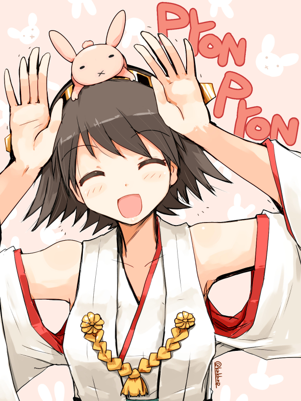 1girl :d :x ^_^ animal animal_on_head blush brown_hair bunny_background closed_eyes collarbone eyebrows_visible_through_hair hairband head_tilt hiei_(kantai_collection) kanoe_soushi kantai_collection on_head open_mouth pink_background rabbit short_hair smile sound_effects twitter_username upper_body