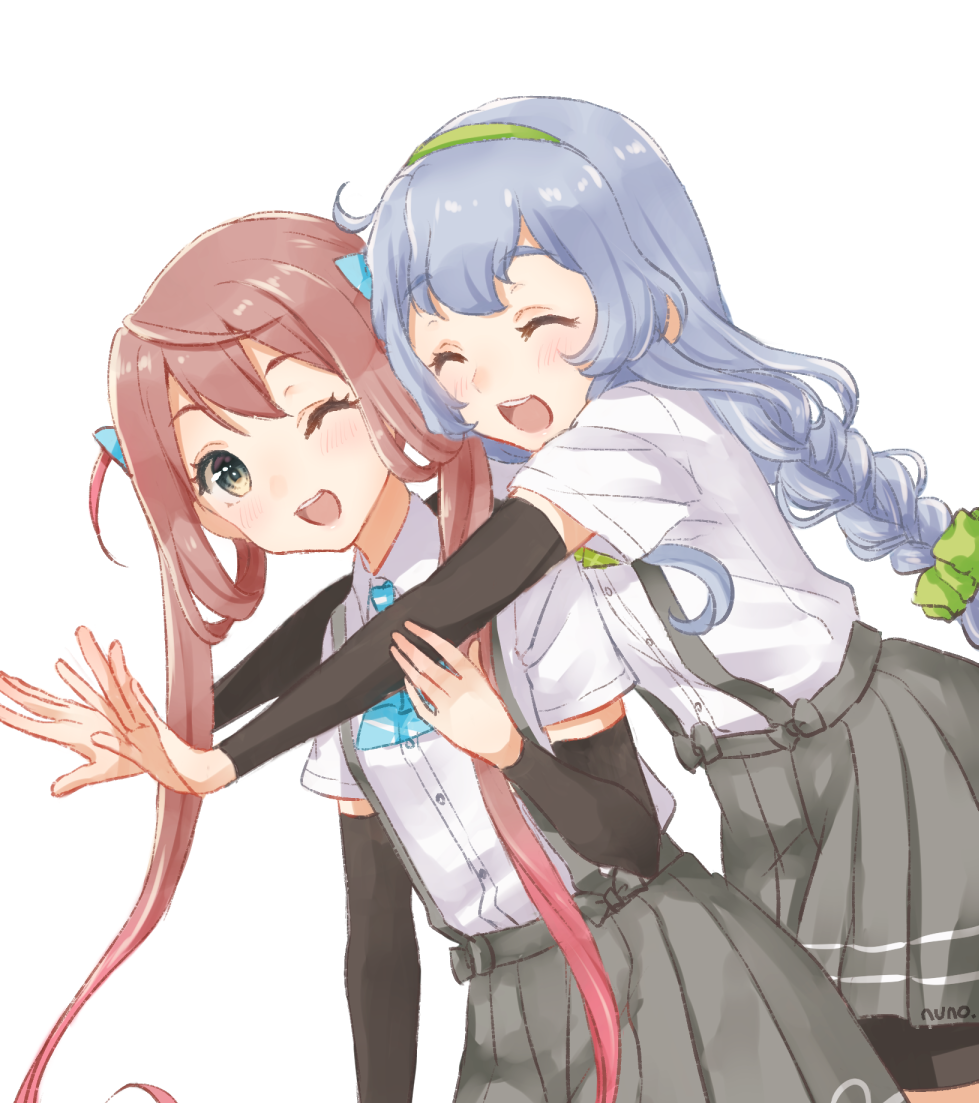 2girls ^_^ ^o^ arm_warmers artist_name asagumo_(kantai_collection) ascot bow bowtie braid brown_hair closed_eyes green_bow green_bowtie grey_eyes grey_skirt hairband kantai_collection long_hair multiple_girls nuno_(pppompon) one_eye_closed pleated_skirt shirt short_sleeves sidelocks silver_hair simple_background single_braid skirt smile suspenders twintails very_long_hair white_background white_shirt yamagumo_(kantai_collection)