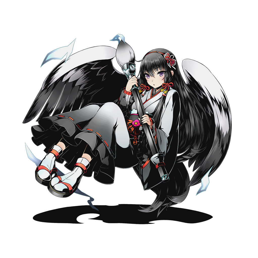 1girl absurdly_long_hair black_hair divine_gate eyebrows_visible_through_hair feathered_wings full_body grey_wings hair_ornament hair_ribbon hairband holding japanese_clothes kimono lace-trimmed long_hair official_art red_hairband red_ribbon ribbon sash shadow socks solo transparent_background ucmm very_long_hair violet_eyes white_legwear wings