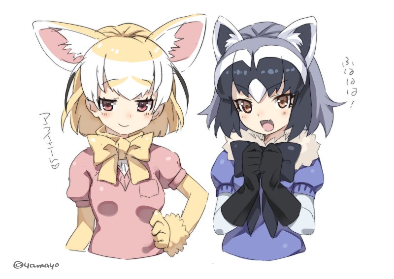 &gt;:d 2girls :d animal_ears arm_at_side black_gloves black_hair black_ribbon blonde_hair blue_shirt blush breast_pocket brown_eyes brown_hair character_name clenched_hands collar commentary_request cropped_arms cropped_torso dot_nose eyebrows_visible_through_hair eyelashes fang fennec_(kemono_friends) fox_ears fur_collar gloves grey_hair jitome kemono_friends looking_at_viewer multicolored_hair multiple_girls neck_ribbon open_mouth own_hands_together pink_eyes pink_shirt pocket puffy_short_sleeves puffy_sleeves raccoon_(kemono_friends) raccoon_ears raised_eyebrows ribbon shiny shiny_clothes shiny_hair shirt short_hair short_sleeves simple_background smile super_zombie translated tsurime twitter_username upper_body white_background white_hair yellow_ribbon