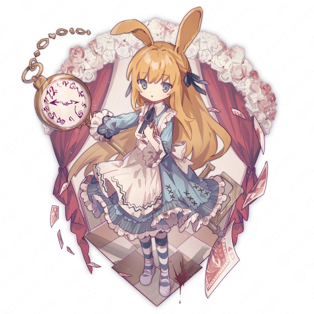 1girl alice_in_wonderland animal_ears apron blue_dress blue_eyes brown_hair card checkered_floor dress long_hair mary_janes neoki_ohae original pantyhose pink_footwear playing_card pocket_watch rabbit_ears ribbon shoes solo striped striped_pantyhose watch white_apron