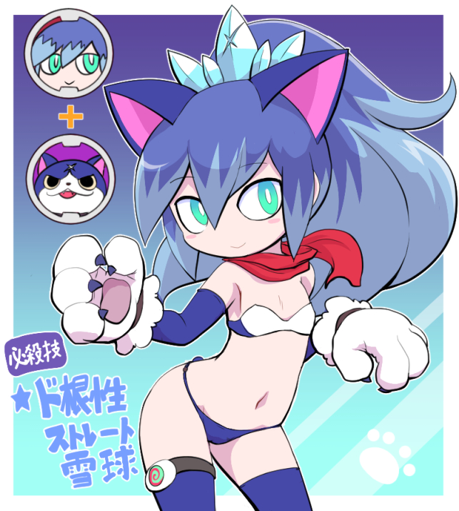 1girl animal_ears aqua_eyes bikini blue_hair blush cat_ears cat_paws cat_tail cosplay cowboy_shot elbow_gloves fubukihime fuyunyan fuyunyan_(cosplay) gloves high_ponytail long_hair multicolored_hair multiple_tails navel nollety paws purple_hair scarf solo swimsuit tail thigh-highs two-tone_hair two_tails youkai youkai_watch