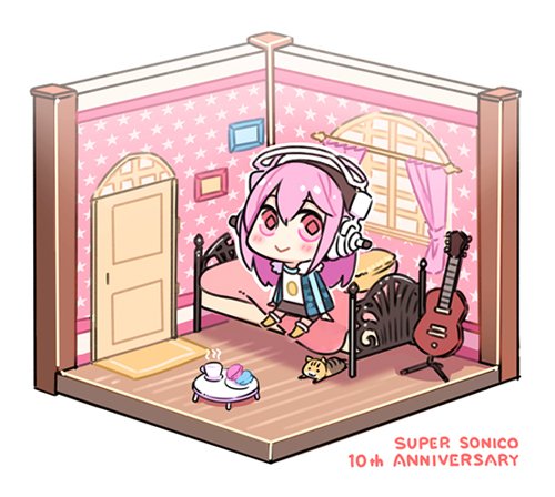 1girl bed cat character_name chibi cup door food full_body guitar hair_between_eyes headphones hood hoodie instrument long_hair lowres macaron minoa_(lastswallow) mug nitroplus pink_hair red_eyes room star star_print super_sonico text window