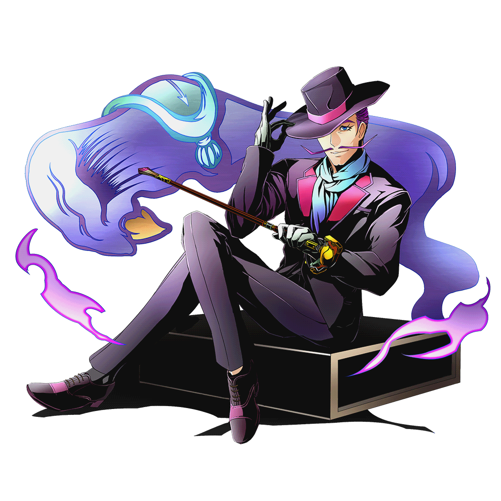 1boy blue_eyes box cane clock divine_gate eyelashes facial_hair formal full_body gloves hat hat_over_one_eye hat_tip loafers male_focus mustache official_art paintbrush parted_lips pencil_mustache purple_hair salvador_(divine_gate) scarf shoes short_hair sitting smile solo suit transparent_background ucmm