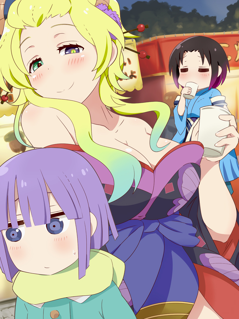 1boy 2girls age_difference bare_shoulders blush breasts cleavage cup dragon_girl drinking elma_(maidragon) festival gudon_(iukhzl) half-closed_eyes heterochromia japanese_clothes kimono kobayashi-san_chi_no_maidragon large_breasts looking_at_viewer looking_to_the_side magatsuchi_shouta multiple_girls night outdoors quetzalcoatl_(maidragon) scarf smile sweatdrop tied_hair