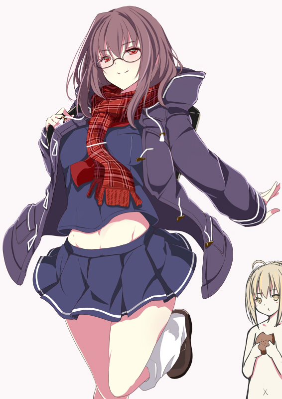 2girls bespectacled black-framed_eyewear breasts commentary_request cosplay costume_switch fate/grand_order fate_(series) glasses heroine_x heroine_x_(alter) heroine_x_(alter)_(cosplay) jacket large_breasts long_hair looking_at_viewer midriff multiple_girls mutou_kurihito plaid plaid_scarf purple_hair red_eyes red_scarf saber scarf scathach_(fate/grand_order) school_uniform serafuku smile