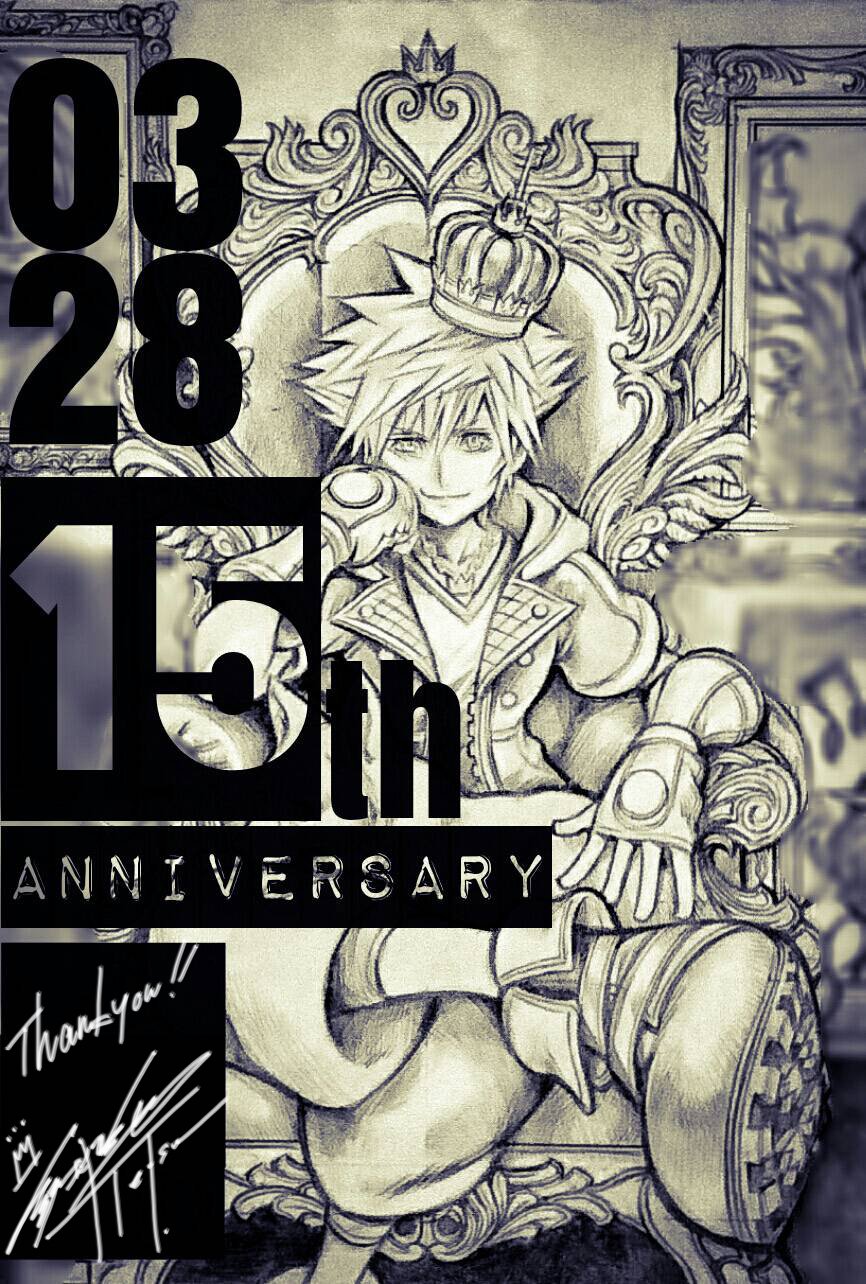 1boy anniversary armchair chair crown dated fingerless_gloves gloves greyscale highres jacket jewelry kingdom_hearts kingdom_hearts_iii legs_crossed looking_at_viewer mini_crown monochrome necklace nomura_tetsuya official_art open_clothes open_jacket signature sitting sketch smile solo sora_(kingdom_hearts) spiky_hair square_enix