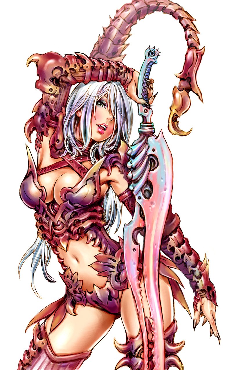 1girl arm_up armor breasts brown_nails cleavage fangs fingernails green_eyes highres long_hair medium_breasts navel original pink_lips scorpion_tail sharp_fingernails shiny shiny_skin silver_hair solo sword weapon yamashita_shun'ya