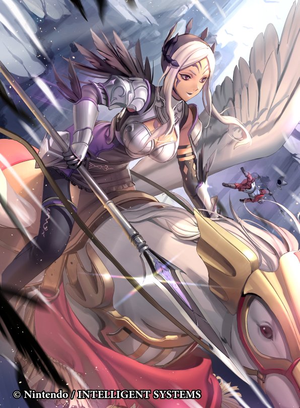 1girl armor breastplate breasts cleavage company_connection copyright_name dark_skin facial_mark feathers fire_emblem fire_emblem:_kakusei fire_emblem_cipher gauntlets headpiece holding horseback_riding inverse_(fire_emblem) lance official_art outdoors pegasus pegasus_knight polearm riding shoulder_armor skirt smile solo thigh-highs weapon white_hair wings zettai_ryouiki
