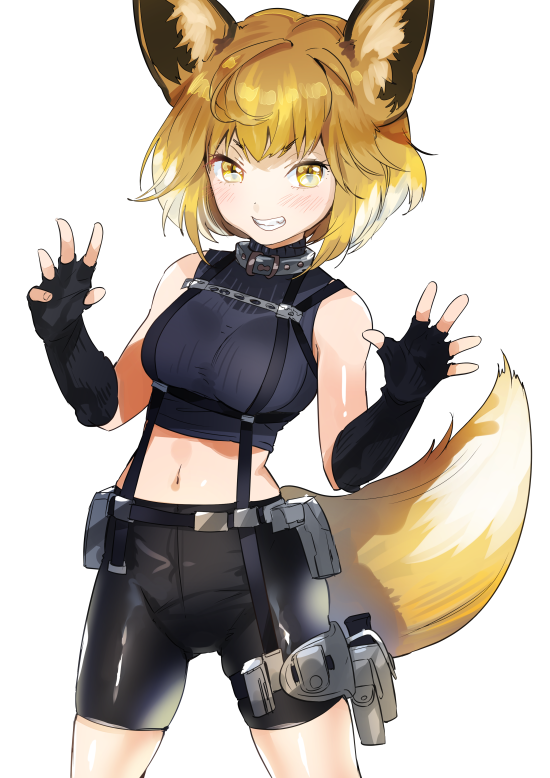 1girl ahoge animal_ears arms_up bangs bare_shoulders bike_shorts black_gloves blush bob_cut breasts collar commentary_request cowboy_shot crop_top crotch_seam dog_collar elbow_gloves eyebrows fang fingerless_gloves fox_ears fox_girl fox_tail gloves groin half-closed_eyes holster legs_apart medium_breasts multicolored_hair navel open_hand orange_eyes orange_hair original ribbed_gloves ribbed_shirt shiny shiny_clothes shirt short_eyebrows short_hair simple_background skin_tight skindentation sleeveless sleeveless_shirt slit_pupils smile solo standing stomach strap tail teeth thigh_holster thighs two-tone_hair weapon white_background white_hair yan'yo_(yan'yan'yo)