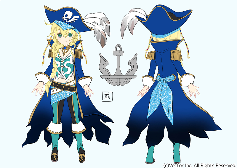 1girl ahoge anchor aqua_boots aqua_pants aqua_vest bandage bandanna bangs belt bicorne black_belt black_boots black_pants blonde_hair blue_background blue_bandana blue_coat blue_hat blush boots breasts buttons character_sheet cleavage closed_mouth coat commentary_request concept_art copyright crossed_belts dot_nose epaulettes flat_color from_behind full_body gem gold_trim gradient_coat green_eyes hair_between_eyes hat hat_feather high_collar jolly_roger knee_boots looking_at_viewer multiple_belts multiple_views noatopia open_clothes open_coat original paisley pants parted_bangs pirate_hat print_bandana raised_eyebrows sarashi simple_background smile standing studded_belt text translation_request turnaround vest watermark white_belt white_vest yan'yo_(yan'yan'yo)