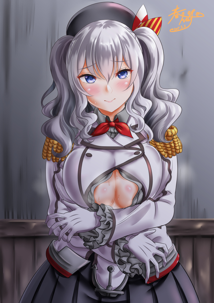 1girl anchor beret blue_eyes blush breasts epaulettes frilled_sleeves frills gloves grey_skirt hat jacket kantai_collection kashima_(kantai_collection) kasugano_tobari large_breasts long_sleeves military military_uniform neckerchief open_clothes open_jacket pleated_skirt sidelocks silver_hair skirt smile solo sweat twintails uniform wavy_hair white_gloves