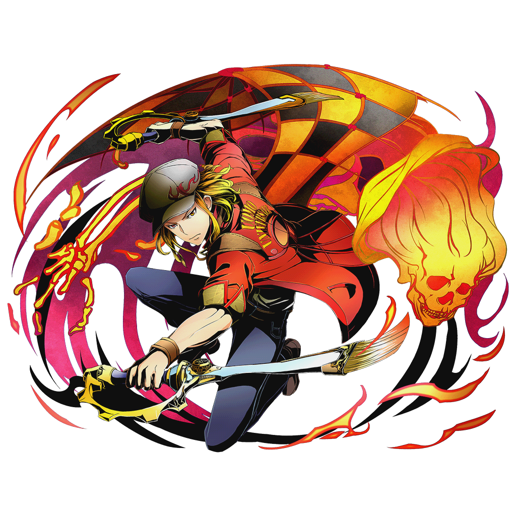 1boy armband blonde_hair cabbie_hat denim divine_gate dual_wielding full_body hat jacket jeans leonardo_(divine_gate) looking_at_viewer male_focus official_art one_knee paintbrush pants red_jacket short_hair skeleton sleeves_rolled_up solo squatting transparent_background ucmm yellow_eyes