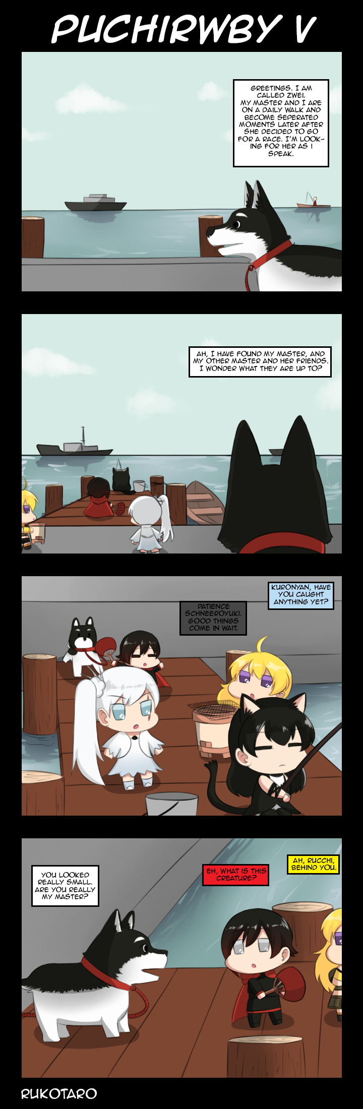 4girls animal_ears blake_belladonna boat bucket cat_ears cat_tail english fishing_rod harbor highres multiple_girls pot puchimasu! ruby_rose rukotaro rwby ship tail watercraft weiss_schnee welsh_corgi yang_xiao_long zwei_(rwby)