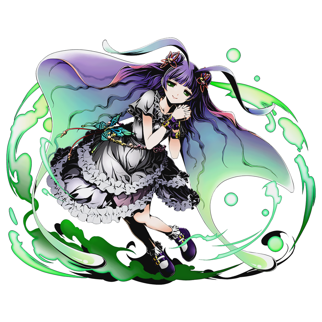 1girl butterfly cape divine_gate dress eyebrows eyebrows_visible_through_hair frilled_dress frills full_body green_eyes hair_ribbon hands_together interlocked_fingers lolita_fashion long_hair looking_at_viewer official_art purple_hair purple_shoes red_ribbon ribbon see-through shadow shoes smile solo transparent_background ucmm