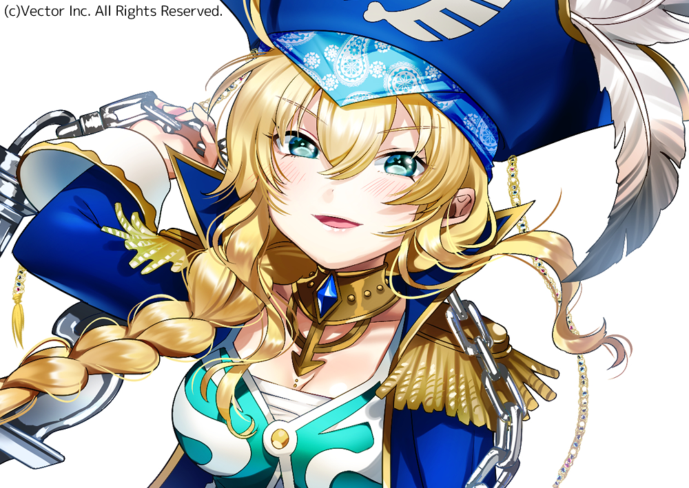 1girl :d ahoge anchor aqua_eyes arm_up bandage bandanna bangs bicorne blonde_hair blue_bandana blue_coat blush braid breasts buttons chains cleavage close-up coat collarbone commentary_request copyright dot_nose english epaulettes eyebrows_visible_through_hair eyelashes eyes_visible_through_hair gem hair_between_eyes hair_over_shoulder hat hat_feather high_collar holding jolly_roger large_breasts lips long_hair long_sleeves looking_at_viewer noatopia official_art open_clothes open_coat open_mouth original over_shoulder paisley parted_bangs pirate pirate_costume pirate_hat print_bandana sarashi sidelocks simple_background smile solo text upper_body very_long_hair watermark white_background yan'yo_(yan'yan'yo)