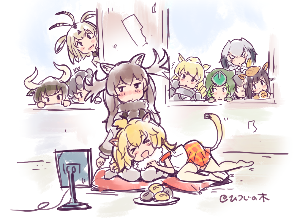 animal_ears antlers arabian_oryx_(kemono_friends) aurochs_(kemono_friends) bangs bird_wings black_hair blonde_hair blush bread brown_eyes brown_hair cape_porcupine_(kemono_friends) cow_ears feathered_wings food fur_collar giant_armadillo_(kemono_friends) gloves grey_hair head_wings horns japari_bun kemono_friends lion_(kemono_friends) lion_ears lion_tail long_hair long_sleeves low_ponytail moose_(kemono_friends) moose_ears multicolored_hair multiple_girls necktie open_mouth oryx_ears panther_chameleon_(kemono_friends) pleated_skirt rhinoceros_ears scarf shirt shoebill_(kemono_friends) short_hair short_sleeves side_ponytail silver_hair skirt smile tail white_rhinoceros_(kemono_friends) wings