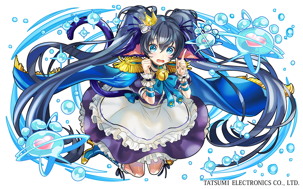 1girl absurdly_long_hair ahoge animal_ears apron armlet arms_up bangs bell belt_collar black_hair blue_boots blue_bow blue_cape blue_collar blue_eyes blush boots bow cait_sith_(demono_crusade) cape cat_ears cat_girl cat_tail clenched_hands collar commentary_request cross-laced_footwear crown demono_crusade dress embarrassed epaulettes eyebrows_visible_through_hair fingernails frilled_apron frilled_boots frilled_crown frilled_cuffs frilled_dress frills full_body gold_trim hair_intakes heart high_heels hydrokinesis index_finger_raised jingle_bell knee_boots knees_together_feet_apart large_bow layered_dress long_fingernails long_hair looking_at_viewer maid_dress mini_crown official_art open_mouth original parted_bangs paw_print puffy_sleeves purple_dress raised_eyebrows sailor_collar short_sleeves simple_background solo tail tail_bow tassel tears text twintails very_long_hair waist_apron water water_drop watermark wavy_mouth white_apron white_background wrist_cuffs yan'yo_(yan'yan'yo)