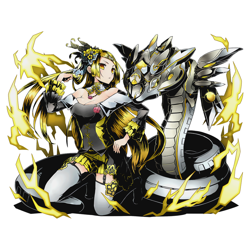 1girl bare_shoulders blonde_hair breasts cleavage divine_gate floating_hair full_body garter_straps hair_ornament hand_in_hair hand_on_hip jewelry kneeling long_hair medium_breasts necklace official_art pleated_skirt shadow skirt solo thigh-highs transparent_background ucmm very_long_hair white_legwear yellow_eyes yellow_skirt