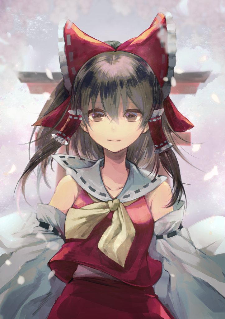 1girl bare_shoulders black_hair bow brown_eyes detached_sleeves hair_between_eyes hair_bow hair_tubes hakurei_reimu half_updo neckerchief petals red_bow red_shirt red_skirt ribbon-trimmed_collar ribbon_trim shirt sidelocks skirt smile solo torii touhou upper_body wide_sleeves yellow_neckerchief yuki_(popopo)