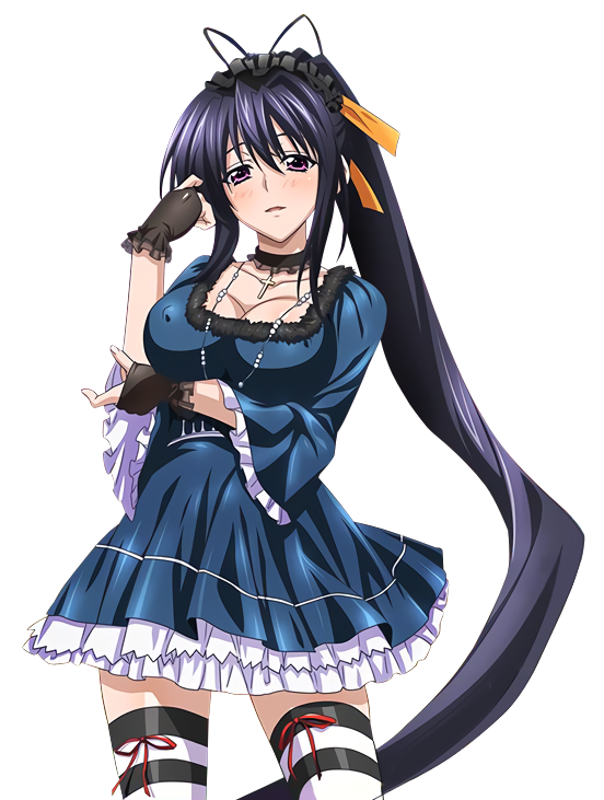 1girl absurdly_long_hair black_hair black_hairband blue_dress breasts bridal_gauntlets choker cleavage collarbone cowboy_shot cross cross_necklace dress erect_nipples hair_between_eyes hair_ribbon hairband hand_in_hair high_school_dxd himejima_akeno jewelry large_breasts lolita_hairband long_hair looking_at_viewer necklace orange_ribbon parted_lips ponytail red_ribbon ribbon solo standing striped striped_legwear thigh-highs transparent_background very_long_hair violet_eyes zettai_ryouiki