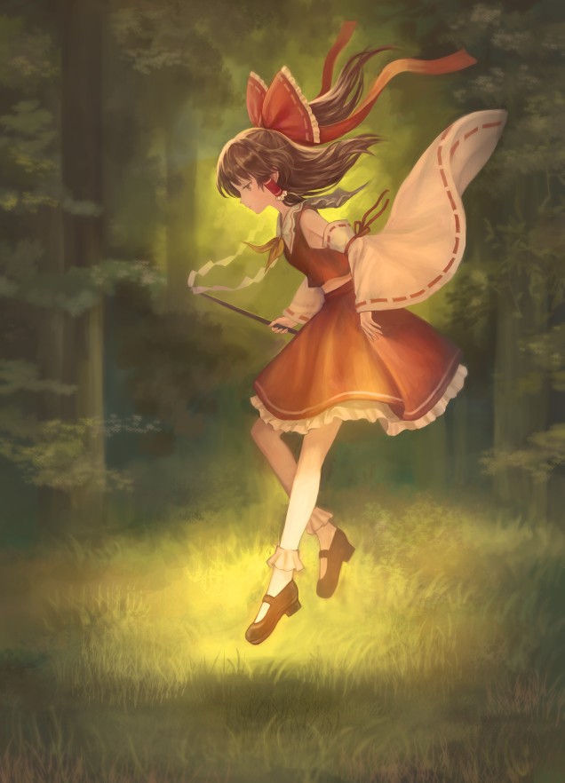 1girl brown_hair detached_sleeves forest from_side full_body gohei hair_ribbon hair_tubes hakurei_reimu japanese_clothes landscape long_hair long_sleeves mary_janes miko nature okakan outdoors ponytail profile revision ribbon shirt shoes skirt skirt_set socks solo touhou white_legwear wide_sleeves