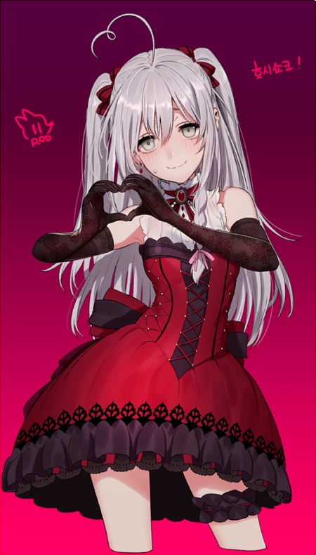 1girl ahoge blush braid cosplay dress elbow_gloves gloves heart_ahoge hoshi_shouko ichinose_shiki ichinose_shiki_(cosplay) idolmaster idolmaster_cinderella_girls idolmaster_cinderella_girls_starlight_stage long_hair open_mouth red_dress rod_(rod4817) silver_hair single_braid smile solo two_side_up