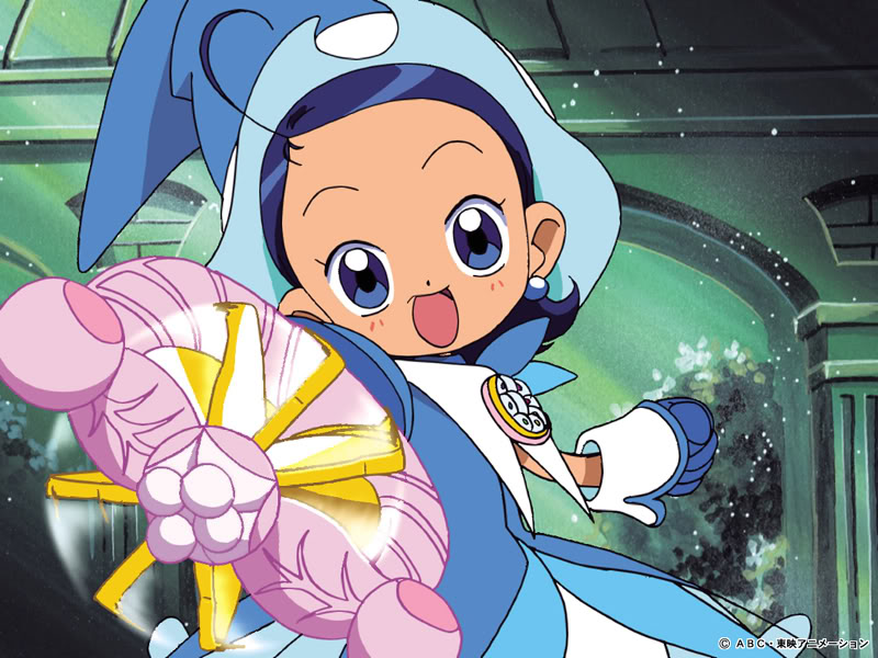 1girl arms_out blue_eyes blue_hair dress earrings gloves hat looking_at_viewer ojamajo_doremi open_mouth senoo_aiko sharp solo tagme wand