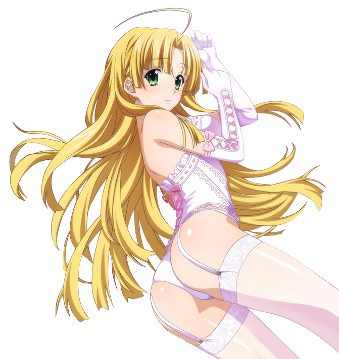 1girl ahoge asia_argento ass bow elbow_gloves eyebrows_visible_through_hair from_above garter_belt gloves green_eyes high_school_dxd looking_at_viewer looking_up lying on_side panties pink_bow shiny shiny_clothes shiny_skin solo thigh-highs transparent_background underwear underwear_only white_gloves white_legwear white_panties