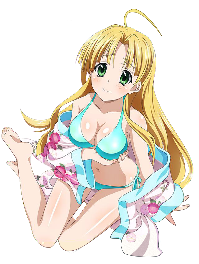 1girl ahoge asia_argento barefoot bikini blonde_hair blue_bikini breast_hold breasts cleavage collarbone eyebrows_visible_through_hair from_above green_eyes high_school_dxd japanese_clothes kimono long_hair looking_at_viewer looking_up medium_breasts navel open_clothes open_kimono shiny shiny_skin side-tie_bikini sideboob sitting smile solo swimsuit transparent_background very_long_hair