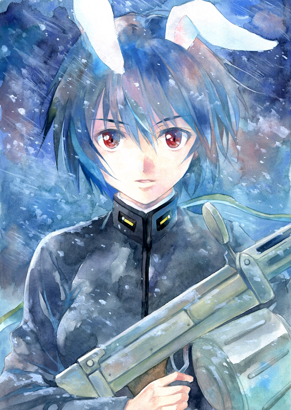 1girl agahari animal_ears black_hair brave_witches clouds colorful graphite_(medium) gun highres holding holding_gun holding_weapon looking_at_viewer machine_gun military military_uniform mixed_media paint_(medium) parted_lips rabbit_ears red_eyes shimohara_sadako short_hair snow snowing solo traditional_media trigger_discipline type_99_cannon uniform upper_body weapon world_witches_series