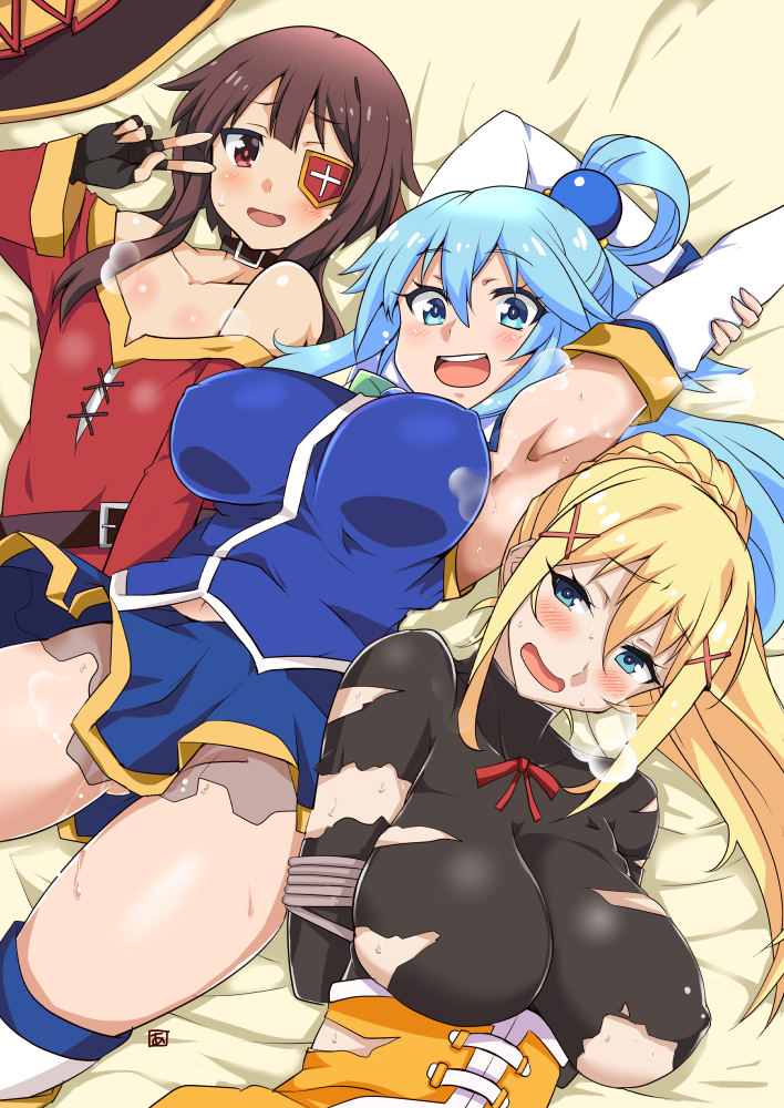 3girls :d aoi_manabu aqua_(konosuba) armpits arms_behind_back arms_behind_head bare_shoulders black_gloves blonde_hair blue_eyes blue_hair blush bound bound_arms brown_hair darkness_(konosuba) erect_nipples eyepatch fingerless_gloves gloves groin kono_subarashii_sekai_ni_shukufuku_wo! long_hair looking_at_viewer megumin multiple_girls open_mouth ponytail red_eyes short_hair smile sweat teeth torn_clothes v