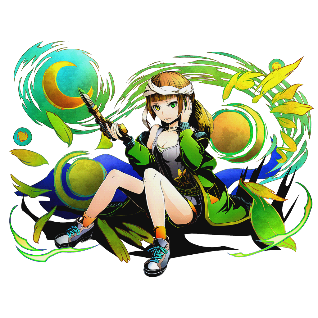 1girl bandage bangs blonde_hair blunt_bangs bob_cut breasts cleavage divine_gate full_body green_eyes green_jacket gun hand_on_ear hat hat_removed headwear_removed heterochromia jacket looking_at_viewer moon official_art orange_legwear paintbrush pantyhose parted_lips shoes shorts sitting sneakers socks solo star_(sky) sun_hat ucmm vincent_(divine_gate) weapon yellow_eyes