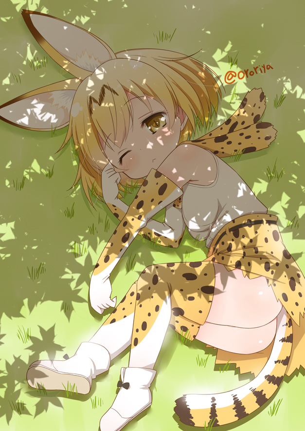 1girl ;&lt; animal_ears ankle_boots bare_shoulders black_ribbon blush body_blush boots bow bowtie clenched_hands dappled_sunlight day dot_nose elbow_gloves eyebrows_visible_through_hair full_body gloves grass kemono_friends light_brown_eyes looking_at_viewer lying muu_rian on_side one_eye_closed orange_hair outdoors raised_eyebrow ribbon rubbing_eyes serval_(kemono_friends) serval_ears serval_print serval_tail shadow shiny shiny_hair shiny_skin shirt shoe_ribbon shoe_soles short_hair skirt sleepy sleeveless sleeveless_shirt solo striped_tail sunlight tail tareme thigh-highs twitter_username white_boots white_footwear white_shirt