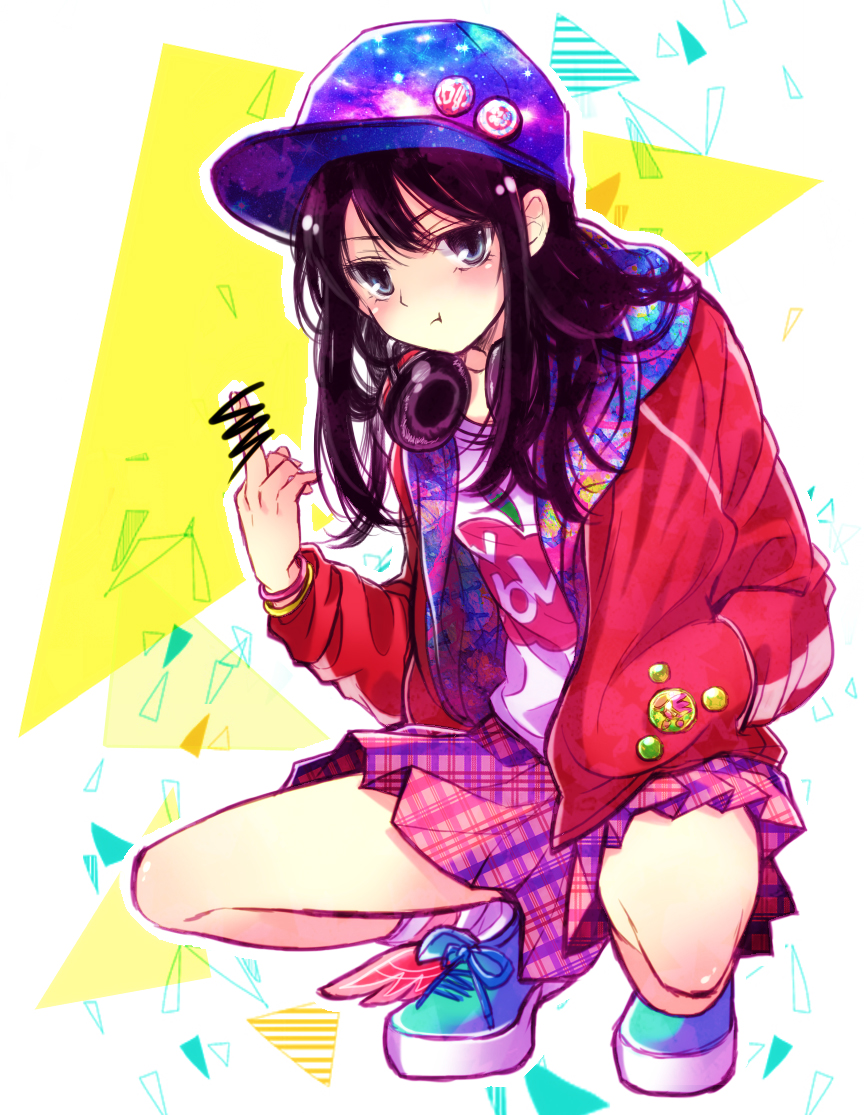 1girl artist_request black_hair censored commentary_request hand_in_pocket hat headphones headphones_around_neck hood hooded_jacket jacket kamen_rider kamen_rider_ex-aid_(series) long_hair looking_at_viewer middle_finger peaked_cap pointless_censoring pout saiba_niko solo squatting