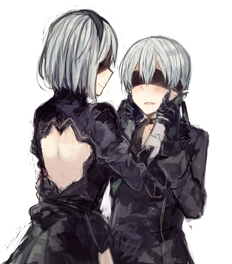 1boy 1girl bangs black_dress blindfold blush closed_mouth double-breasted dress grey_background grey_hair hair_between_eyes hairband hands_on_another's_cheeks hands_on_another's_face hands_up juliet_sleeves long_sleeves nier_(series) nier_automata open-back_dress parted_lips puffy_sleeves short_hair simple_background smile tanuma_(tyny) upper_body yorha_no._2_type_b yorha_no._9_type_s