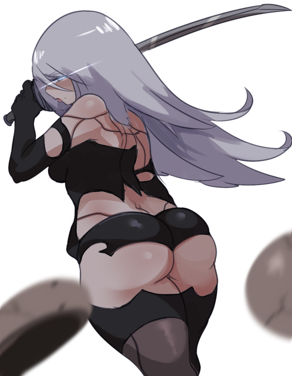 1girl ass bare_shoulders blue_eyes elbow_gloves gloves glowing glowing_eye highres lightsource long_hair nier_(series) nier_automata silver_hair simple_background skindentation solo thighs torn_clothes white_background yorha_type_a_no._2