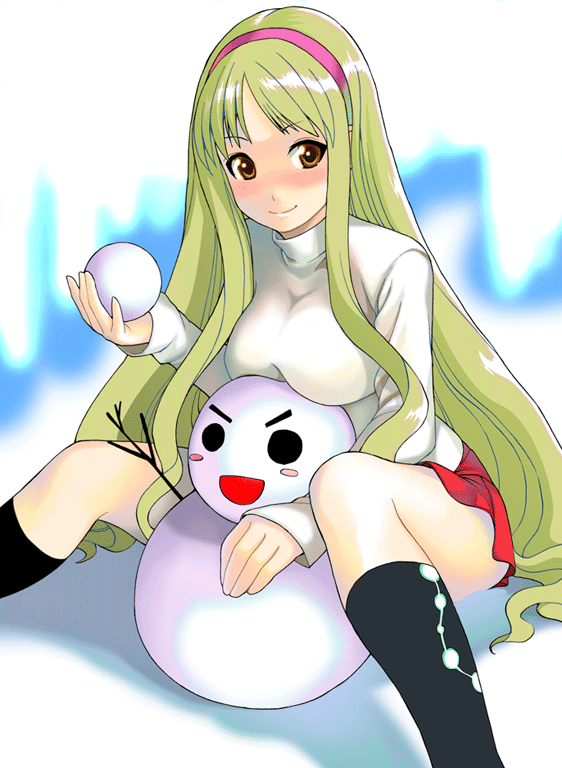 1girl :d black_legwear blush blush_stickers breast_rest breasts brown_eyes green_hair hairband kneehighs long_hair open_mouth original red_skirt shin'ya_(shin'yanchi) skirt smile snowball snowman very_long_hair