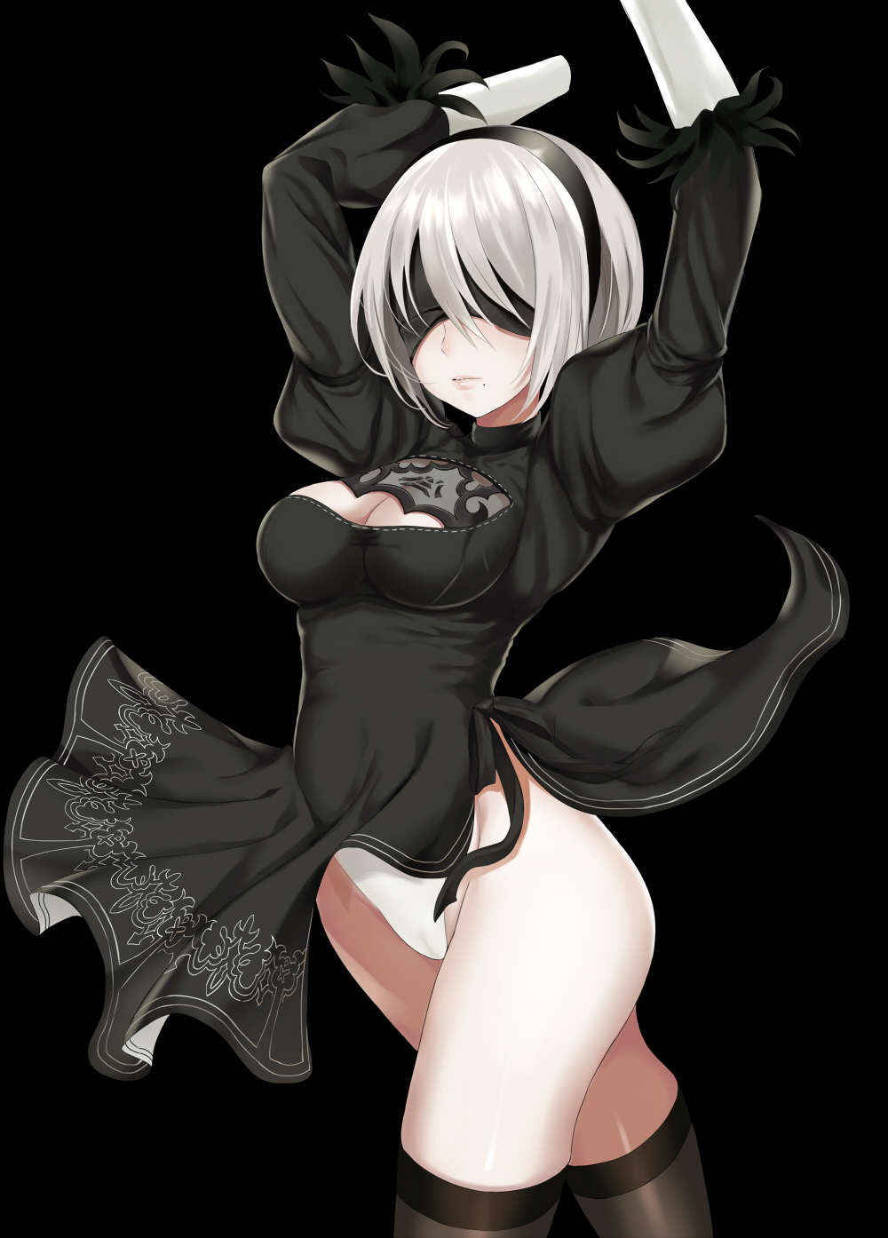 1girl arms_up bangs black_dress black_hairband black_ribbon blindfold breasts brown_legwear cleavage cleavage_cutout closed_mouth covered_eyes cowboy_shot dress groin hair_over_eyes hairband harimoji highleg highleg_leotard highres juliet_sleeves legs_together leotard long_sleeves medium_breasts mole mole_under_mouth nier_(series) nier_automata pink_lips puffy_sleeves ribbed_dress ribbon short_dress short_hair side_slit silver_hair solo standing thigh-highs vambraces white_leotard wind wind_lift yorha_no._2_type_b