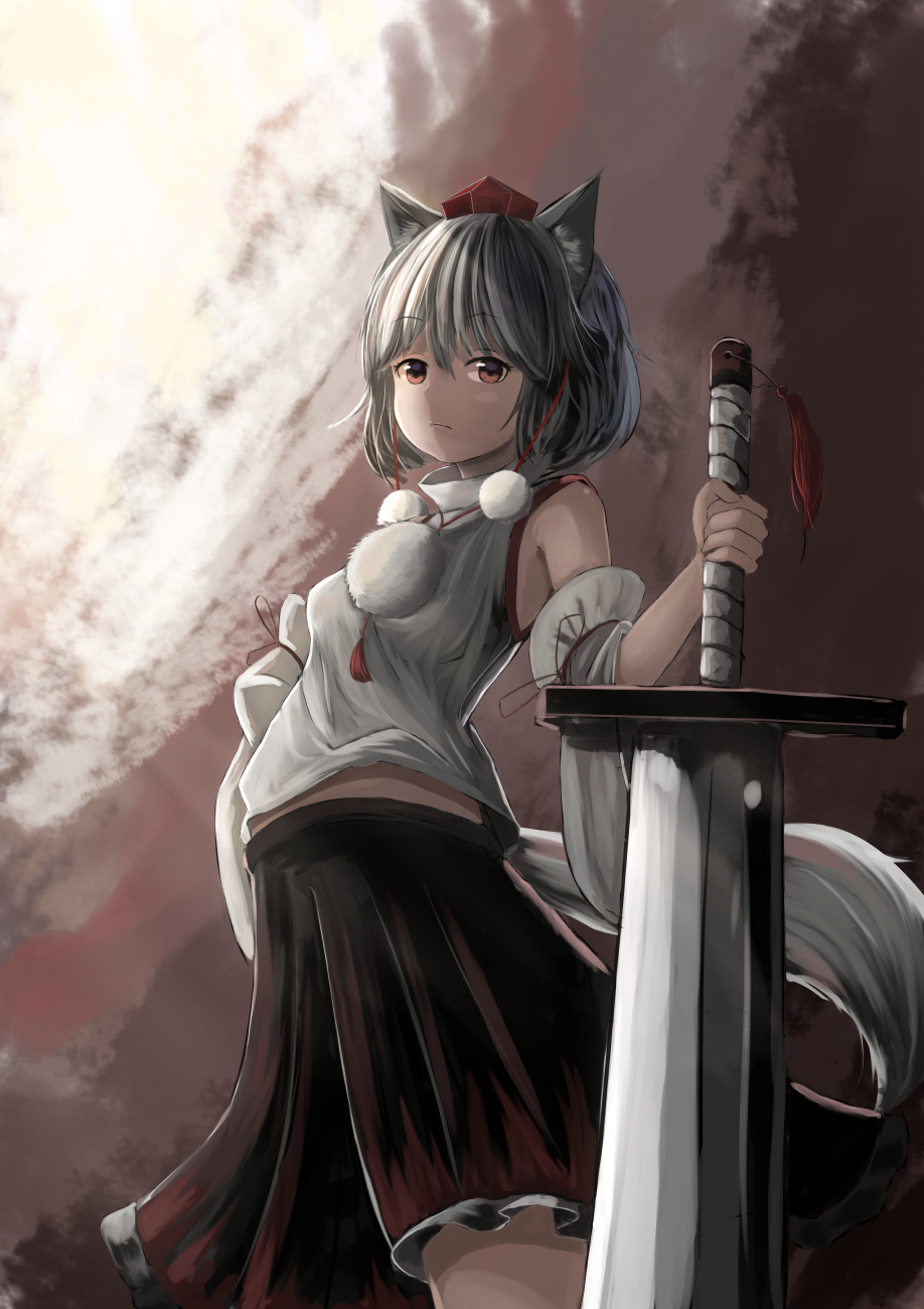 1girl animal_ears arched_back armpits blurry depth_of_field detached_sleeves frown hat highres inubashiri_momiji looking_at_viewer midriff_peek outdoors red_eyes red_skirt short_hair silver_hair skirt solo sword tokin_hat touhou weapon wolf_ears yukitourou