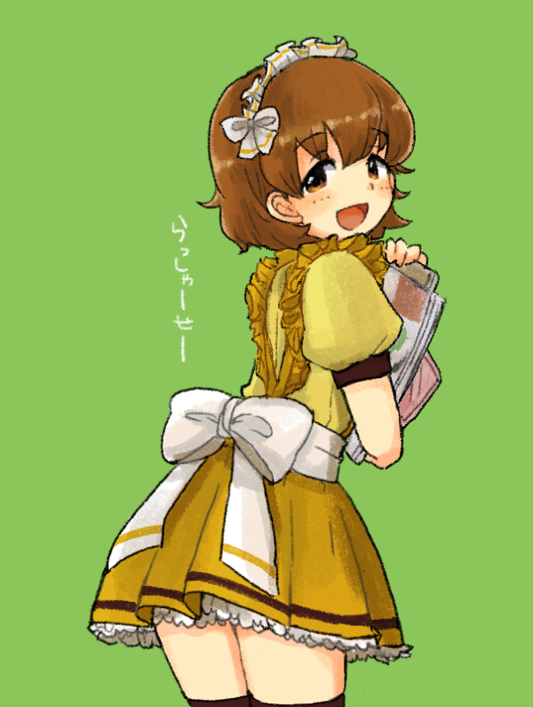 1girl alternate_costume black_legwear bow brown_eyes brown_hair coco's cowboy_shot freckles from_behind girls_und_panzer green_background holding large_bow looking_at_viewer looking_back maid_headdress menu miniskirt oimo_mushi open_mouth petticoat pleated_skirt puffy_short_sleeves puffy_sleeves shirt short_hair short_sleeves simple_background skirt smile solo standing striped striped_skirt thigh-highs translated tsuchiya_(girls_und_panzer) waitress white_bow yellow_shirt yellow_skirt