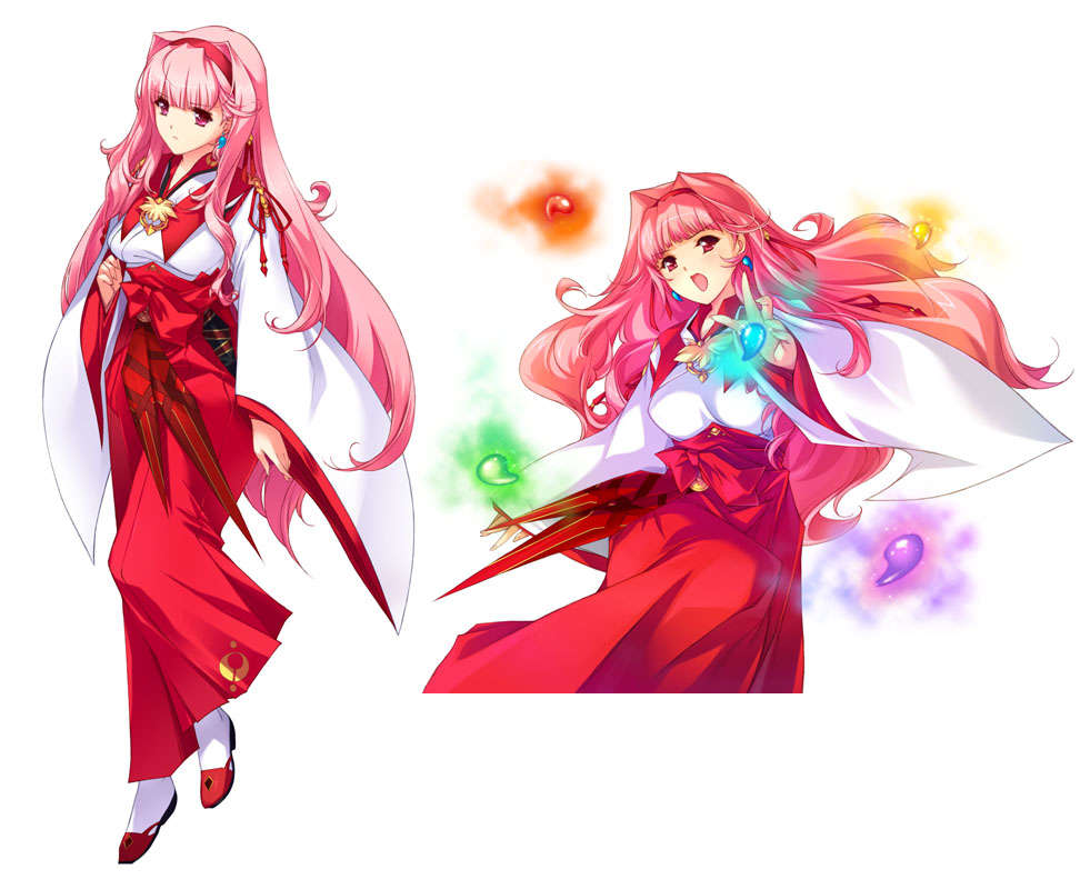 1girl bangs breasts earrings eyebrows_visible_through_hair full_body hairband hakama japanese_clothes jewelry long_hair medium_breasts miko min-naraken open_mouth pink_hair red_eyes red_hakama sandals shaman's_sanctuary simple_background socks standing white_background white_legwear wide_sleeves