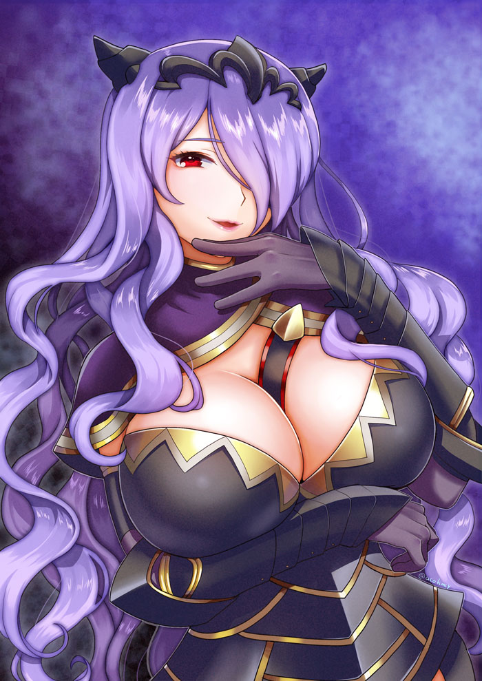 1girl armor black_armor breast_hold breasts camilla_(fire_emblem_if) capelet fire_emblem fire_emblem_if hair_over_one_eye hand_on_own_chin kumehara_chiyota large_breasts lips long_hair looking_at_viewer open_mouth parted_lips purple_background purple_hair red_eyes shiny shiny_clothes shiny_hair sidelocks smile solo tiara vambraces very_long_hair wavy_hair