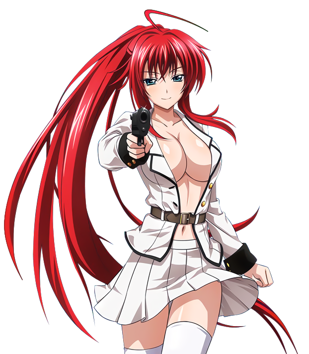 1girl ahoge breasts cleavage collarbone floating_hair green_eyes gun hair_between_eyes high_school_dxd holding holding_gun holding_weapon jacket large_breasts long_hair looking_at_viewer navel open_clothes open_jacket pleated_skirt ponytail redhead rias_gremory shiny shiny_skin skirt smile solo thigh-highs transparent_background very_long_hair weapon white_jacket white_legwear white_skirt zettai_ryouiki