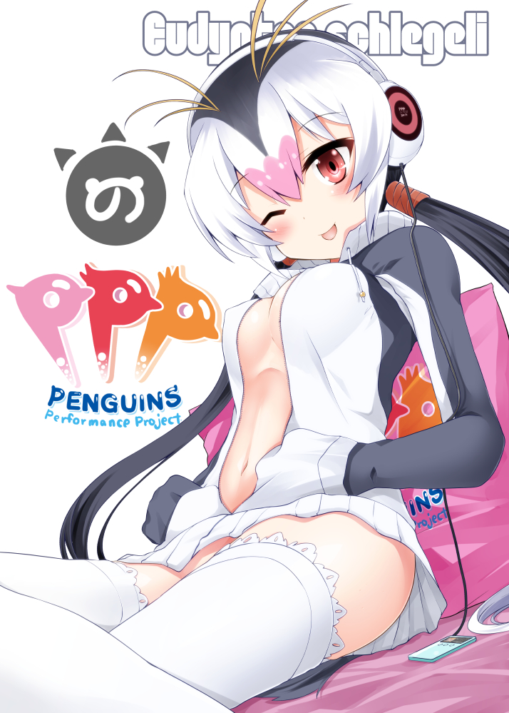 1girl ;p black_hair blush breasts english gradient_hair headphones jacket japari_symbol kemono_friends listening_to_music logo looking_at_viewer medium_breasts multicolored_hair navel one_eye_closed pillow red_eyes royal_penguin_(kemono_friends) shirosuzu simple_background sitting solo stomach text thigh-highs tongue tongue_out twintails two-tone_hair unzipped white_background white_hair zettai_ryouiki