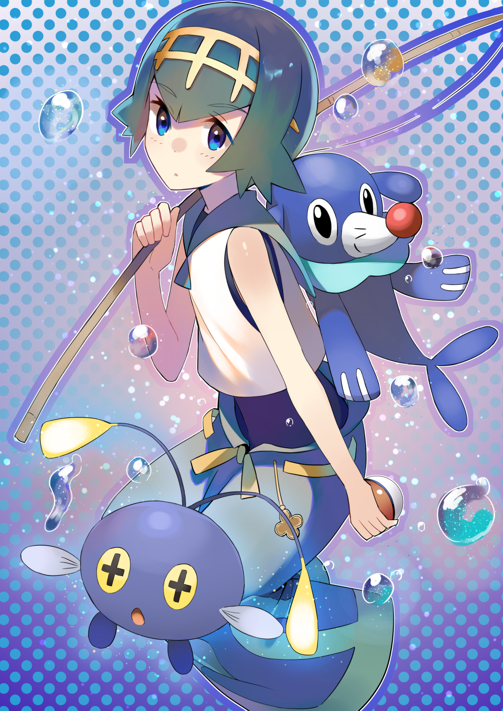 1girl blue_eyes blush chinchou fishing_rod from_side full_body fuotchan green_hair hand_up highres holding holding_poke_ball looking_at_viewer parted_lips poke_ball pokemon pokemon_(game) pokemon_sm polka_dot polka_dot_background popplio sailor_collar short_hair solo suiren_(pokemon)