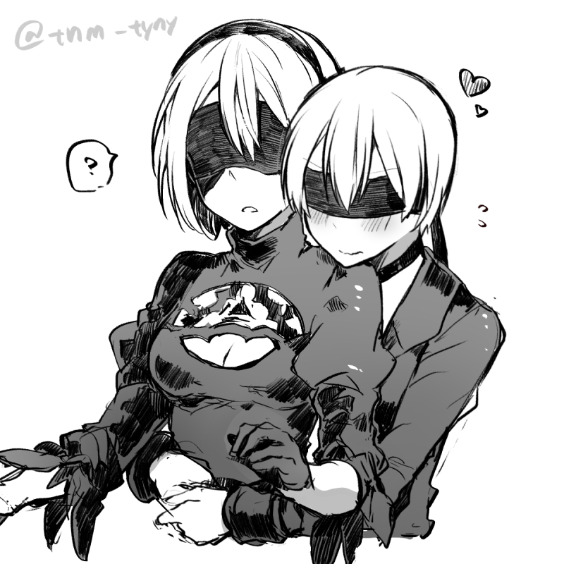 1boy 1girl ? blush breasts cleavage flying_sweatdrops greyscale hairband hand_up heart hug hug_from_behind juliet_sleeves long_sleeves monochrome nier_(series) nier_automata open_mouth puffy_sleeves short_hair sketch small_breasts spoken_question_mark tanuma_(tyny) twitter_username wavy_mouth yorha_no._2_type_b yorha_no._9_type_s
